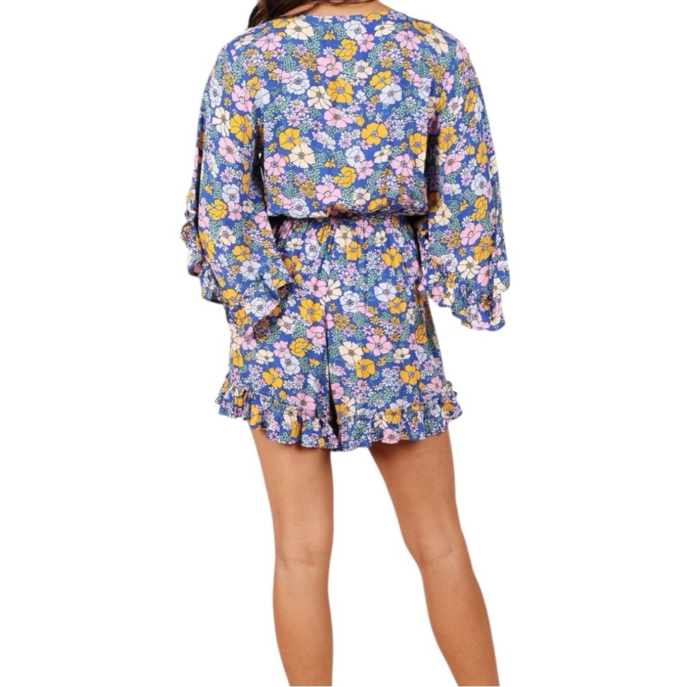 Petal & Pup Blue Floral Tuily Long Sleeve Ruffle Romper Size Small - Picture 4 of 10
